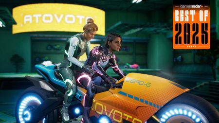 Split Fiction screenshot of the two leads on a futuristic bike with a GamesRadar+ Best of 2025 badge in the upper right