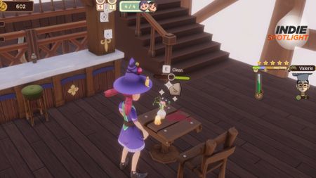 Magic Inn gameplay screenshot of a witch in a pointy hat and purple dress cleaning a wooden table in a tavern