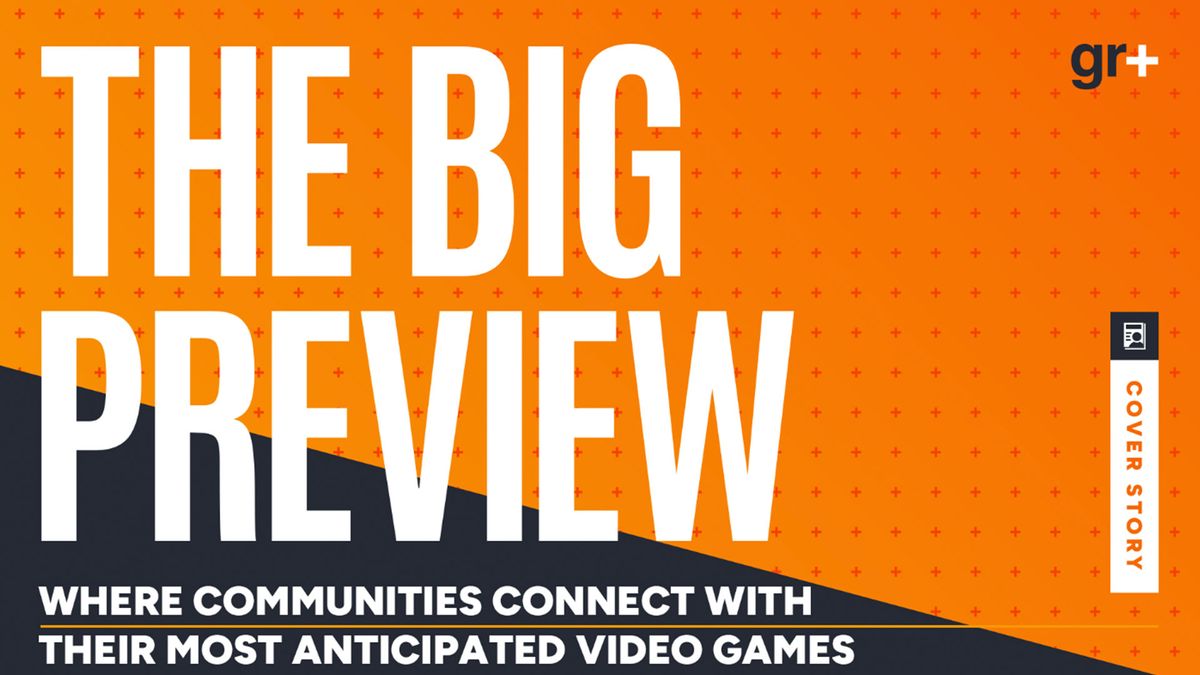 The Big Preview logo from GamesRadar+, with the words large in white on an orange and black background adorned with plusses